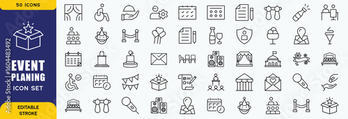 Set of 50 outline icons related to event planning, organisation. Linear icon collection. Editable stroke. Vector illustration