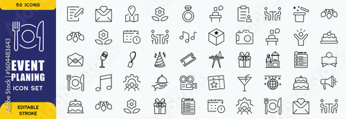 Set of 50 outline icons related to event planning, organisation. Linear icon collection. Editable stroke. Vector illustration