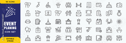 Set of 50 outline icons related to event planning, organisation. Linear icon collection. Editable stroke. Vector illustration