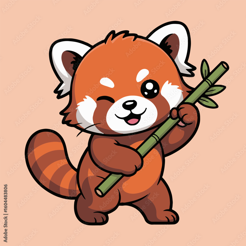 Fototapeta premium Cartoon red panda winking and holding a bamboo stalk on a light orange background in digital illustration