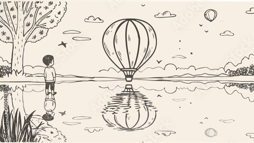 A boy watches a hot air balloon reflected in the water near a tree and birds in a peaceful scenery silhouette