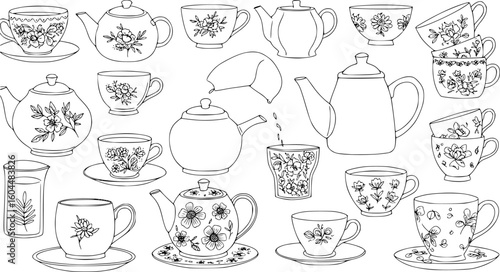 A black and white line drawing of several different shapes of teacups and teapots