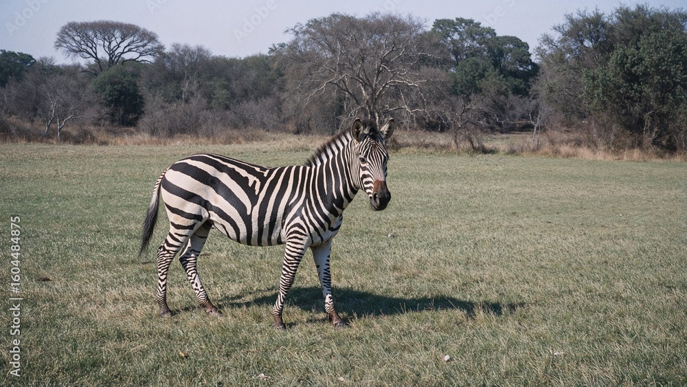 Naklejka premium Wildlife zebra roaming in a grassy field within a protected safari park.