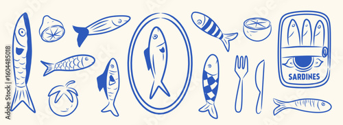 Summer. Italy. Amalfi. Vector illustration of lemons, canned sardines for stamps, Italian Mediterranean tiles, cherry tomatoes, oranges, fish, plate, lemon icons outline doodle in ink line art style.