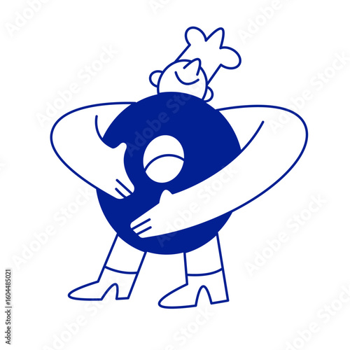 Minimal chef hugging a donut – flat vector doodle character in modern cartoon style

