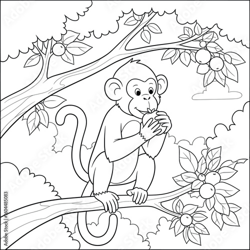 Cute Cartoon Monkey Sitting on Tree Eating Fruit — Jungle Coloring Page for Kids and Animal Learning Activities