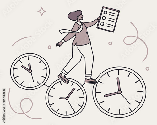 Mastering time management: woman balancing work life with schedule and deadlines on clocks and checklist