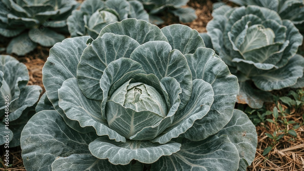 Obraz premium Detailed view of a cabbage plantation in a countryside area during winter.