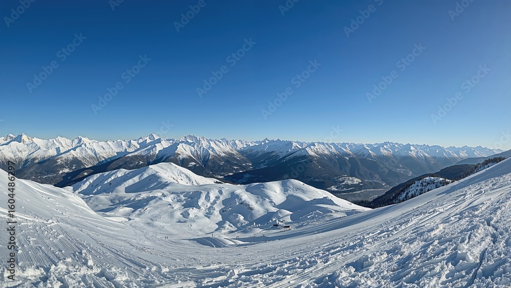 Scenic snowy landscape of a winter ski area under bright sunlight Scenic snowy landscape of a winter ski area under bright sunlight