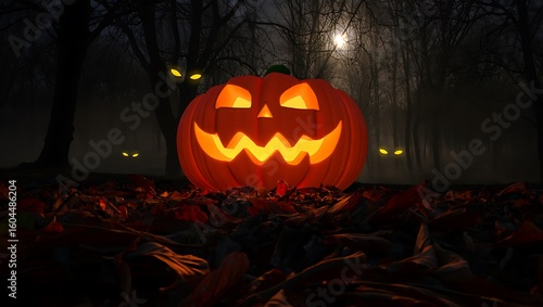Glowing jack o lantern in spooky forest with glowing eyes halloween pumpkin