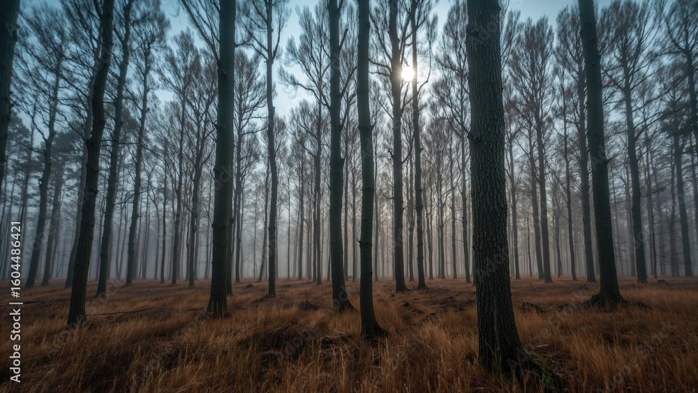 Early morning forest scene with natural light and abstract blue hues Early morning forest scene with natural light and abstract blue hues