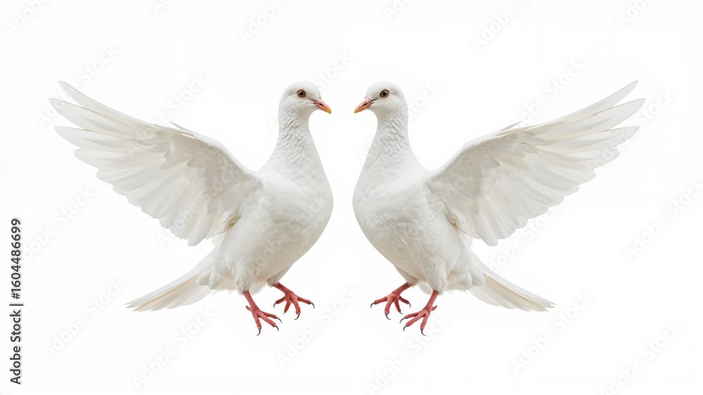 Obraz premium Two unbound doves in flight set on a plain white canvas
