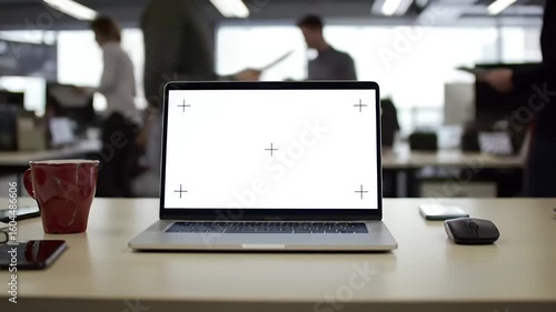 Laptop with Blank White Screen on Office Desk with Red Mug and Blurred People in Background Shows Modern Workspace Environment