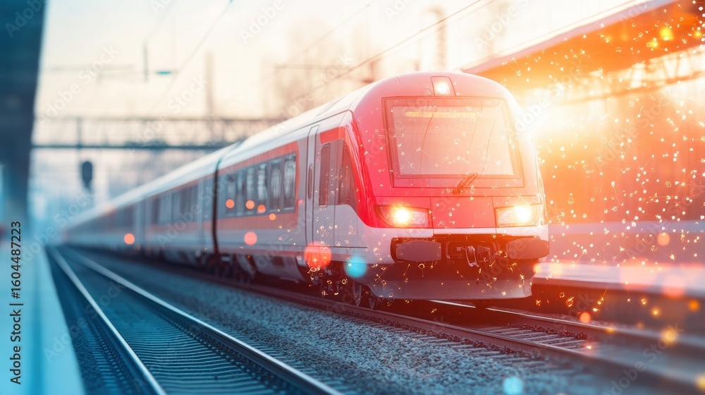 Naklejka premium Modern train approaching a station during sunset with vibrant lighting effects