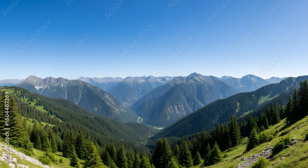 Obraz premium Breathtaking Landscape View of Majestic Mountains and Lush Green Valley in Nature's Embrace