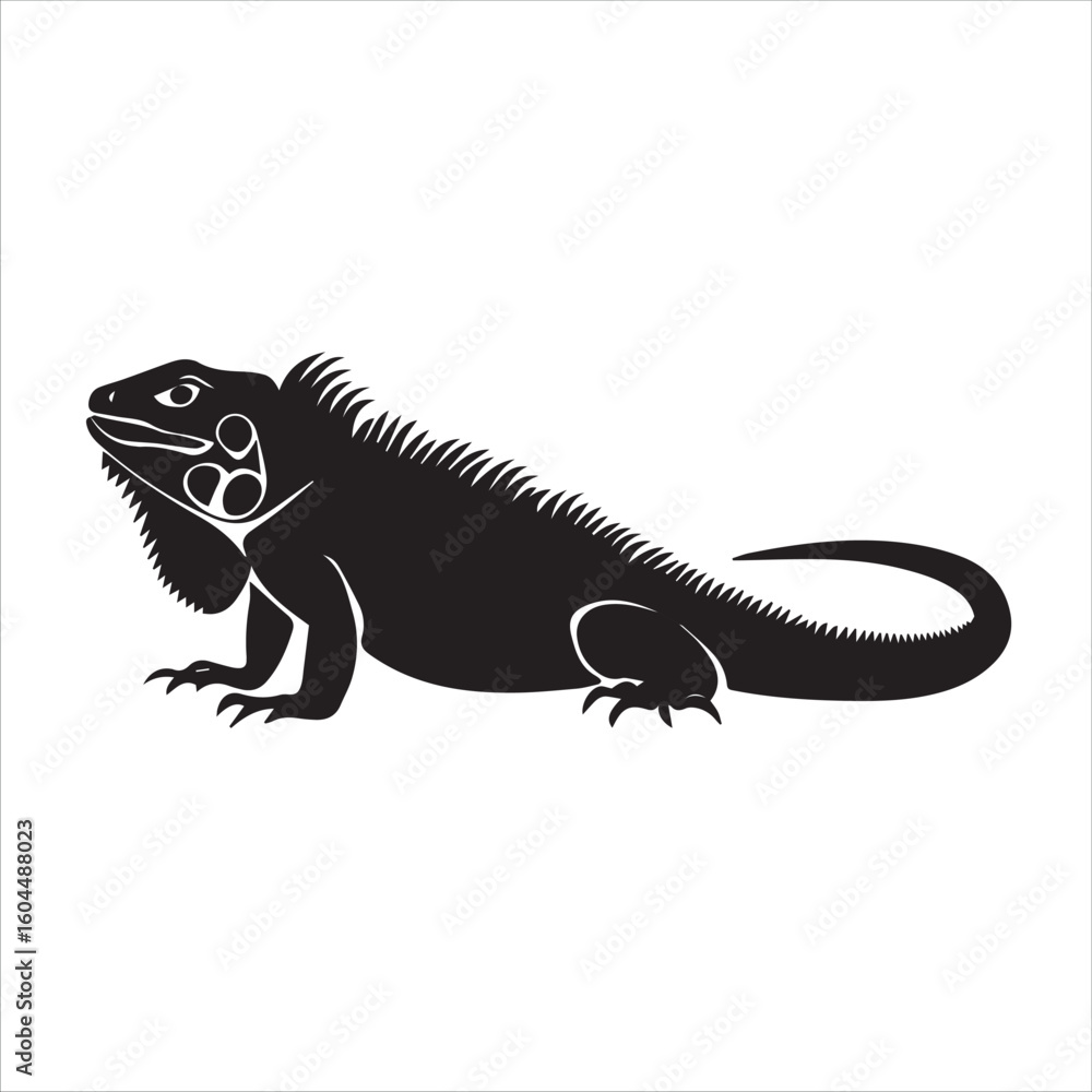 Obraz premium Black silhouette of a detailed iguana on a white background