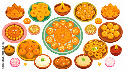 Colorful and diverse assortment of Indian sweets and lit lamps.