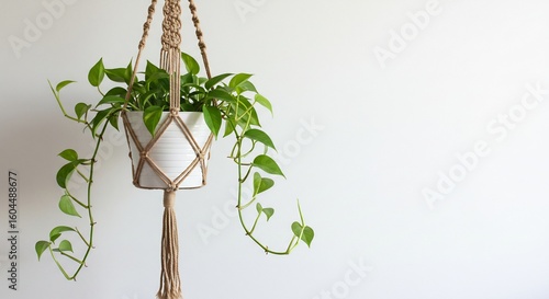 明るい室内 麻紐プランター 緑豊かに垂れる観葉植物 穏やか光. AI Generated