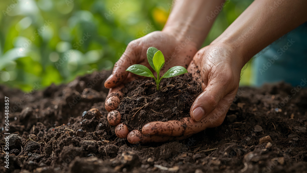 Close-Up of Hands Gently Holding a Small Plant in Rich Soil Close-Up of Hands Gently Holding a Small Plant in Rich Soil