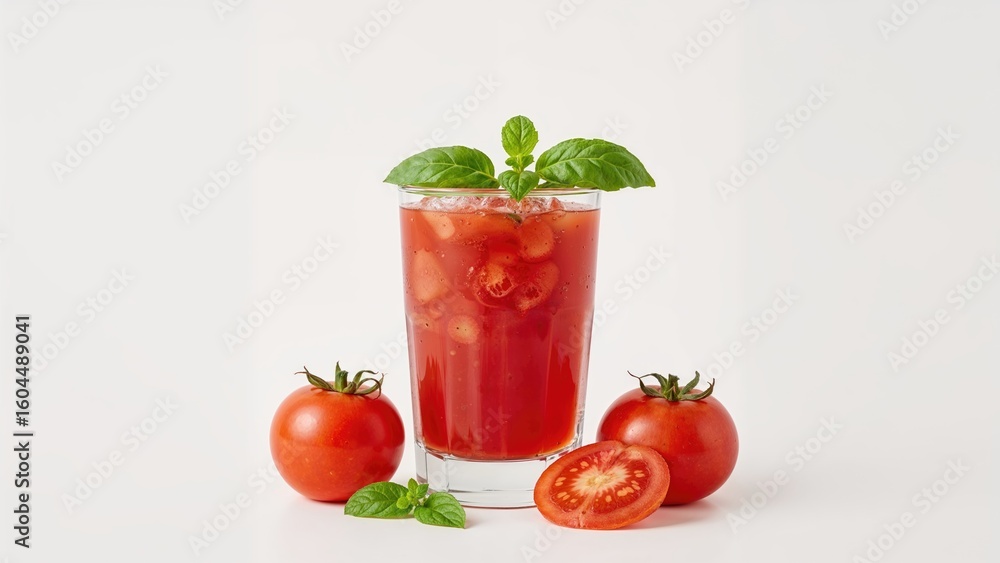 Glass of tomato drink accompanied by basil sprigs and tomato cuts against a white surface Glass of tomato drink accompanied by basil sprigs and tomato cuts against a white surface