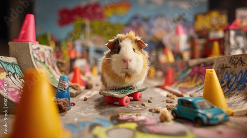 Fototapeta Naklejka Na Ścianę i Meble -  Urban Guinea Pig Adventure: Cute pet on city-themed skate ramp with graffiti art and mini cones, exploring the streets.