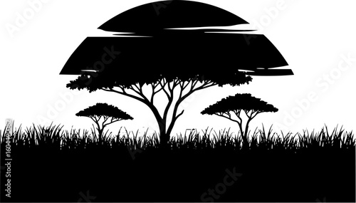 Create a bold, vector illustration of a vibrant savanna landscape with dramatic lighting, featuring acacia trees, tall grasses, and a setting sun.
