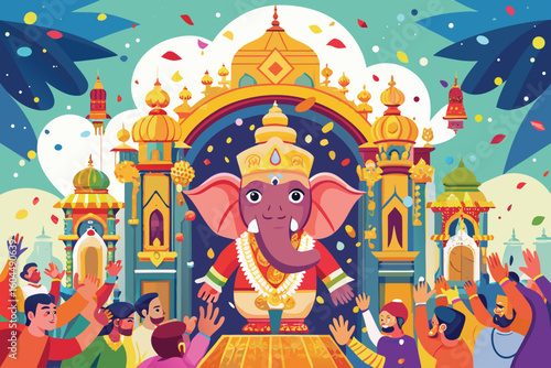Cartoon Illustration of Lord Ganesha Celebrating with People in a Festive Setting