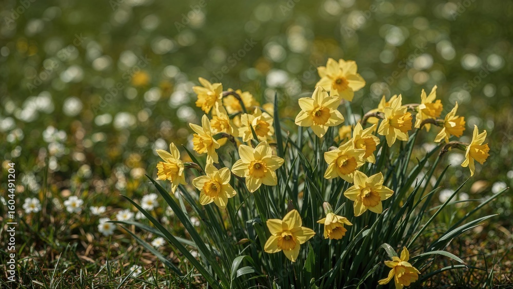Obraz premium Golden Narcissus flowers blossoming beautifully in a garden during spring.
