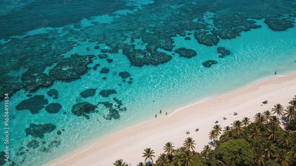 Obraz premium Stunning bird's-eye view of a pristine white sand shoreline with crystal-clear turquoise waters, vibrant coral reefs, and lush coconut palms. A tropical paradise perfect for a dream vacation.
