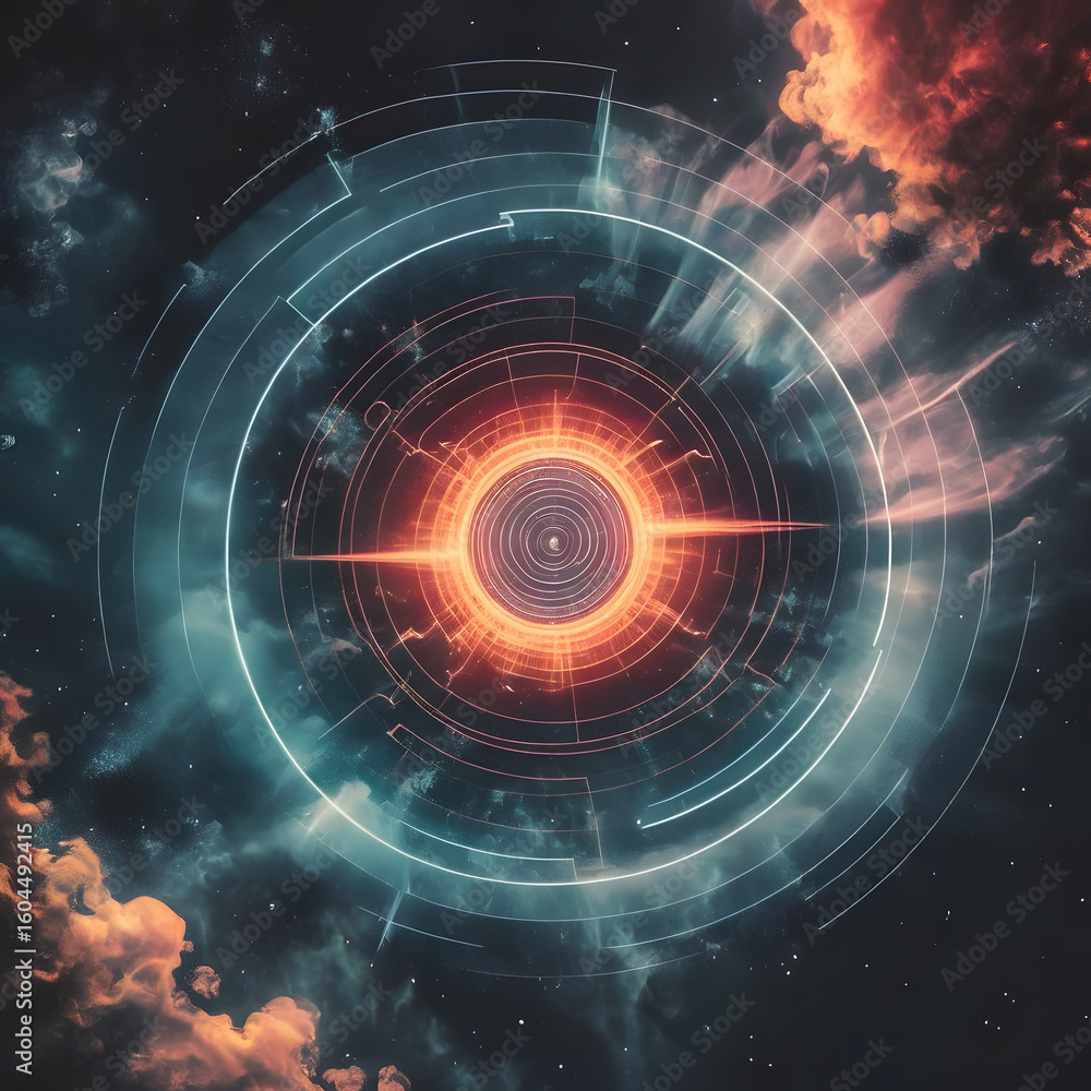 Fototapeta premium Abstract portal with glowing circles and clouds against a dark cosmic background scene view