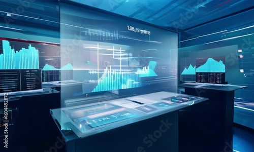 A futuristic high-tech monitoring room with large, glowing screens displaying colorful stock data charts and graphs