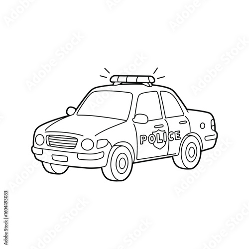Black and white illustration of a police car perfect for coloring pages childrens books and educational resources