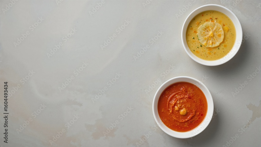 Three bowls of different vegetable cream soups including yellow corn soup with lemon garnish and red gazpacho soup on a light gray background. Three bowls of different vegetable cream soups including yellow corn soup with lemon garnish and red gazpacho soup on a light gray background.