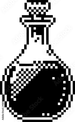 Retro pixel art potion bottle black and white flask illustration, vintage gaming icon, digital fantasy alchemy container
