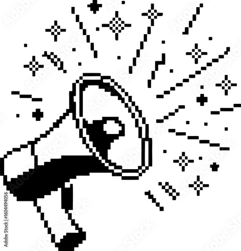 Pixel art megaphone with sparkling effects retro digital illustration of announcement, communication, and alert notification icon