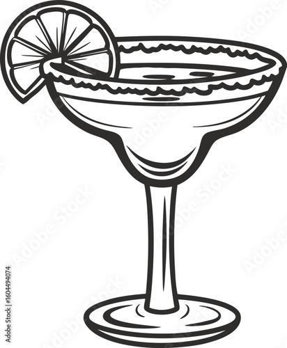 Classic margarita cocktail in elegant glass with lime wedge garnish hand drawn sketch illustration, festive summer party drink