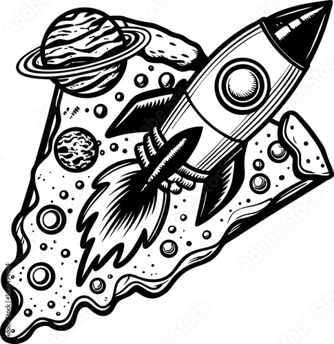 Rocket spaceship launching from a slice of pizza in outer space surreal universe, planets, whimsical cosmic adventure