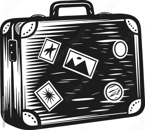 Vintage suitcase with travel stickers retro luggage illustration for adventure, tourism, holiday, vacation, journey symbol