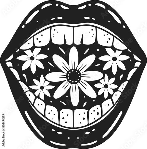 Open mouth with floral patterns inside, black and white abstract illustration modern surreal line art with flowers
