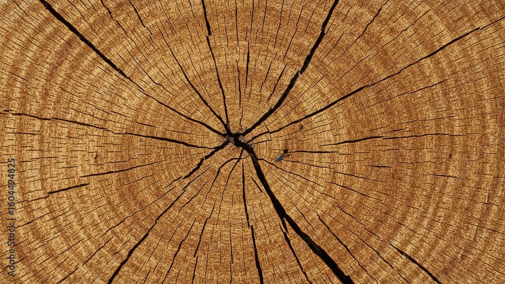 Fototapeta premium Closeup of cross-section of a tree trunk displaying intricate wood grain patterns and natural cracks in a circular formation.