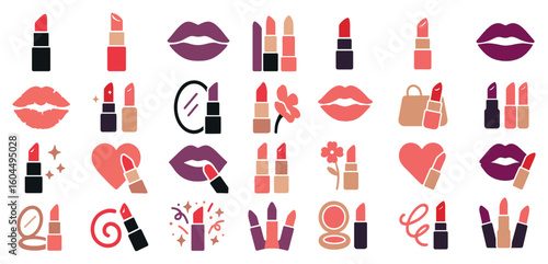 Lipstick Icons Collection Beauty Makeup Cosmetics Colorful Emoticons