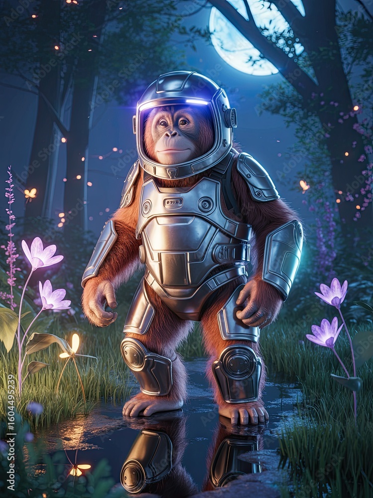 Fototapeta premium Orangutan in a futuristic space suit exploring a glowing forest at night under the moonlight