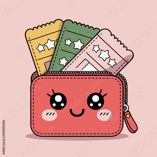Cartoon wallet with a smiling face and colorful tickets with stars on a light pink background