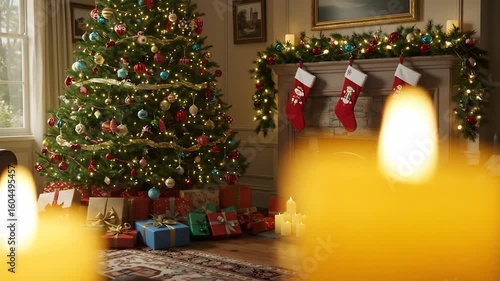 Festive Christmas room, lit tree, fireplace, presents