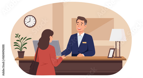 Hotel Receptionist Assisting Guest at Front Desk.