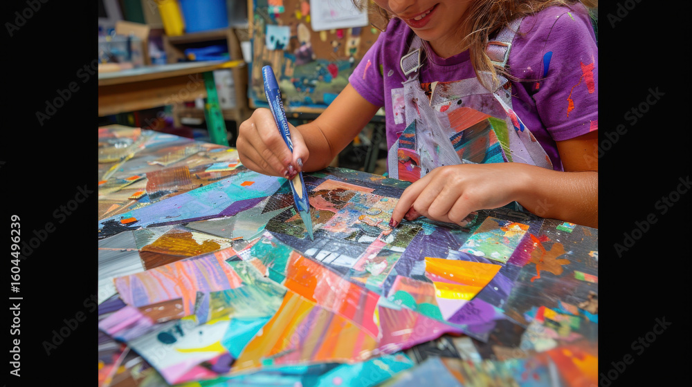 Fototapeta premium A young girl painting with a brush on a table covered in colorful abstract designs in an art studio