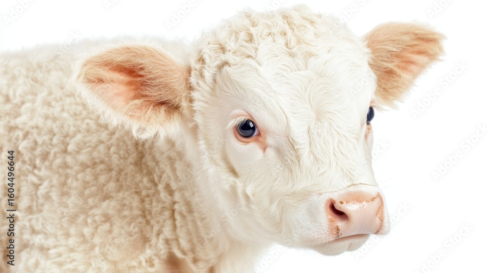 Fototapeta premium Adorable white baby calf with fluffy fur looking forward calmly indoors.
