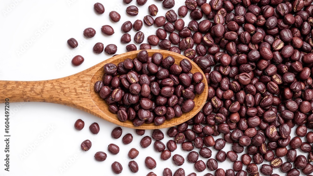 Obraz premium Natural wood spoon filled with violet beans alongside scattered pulses on a clean white backdrop. Wholesome plant-derived protein. Minimalist design for food advertising or cooking blog.