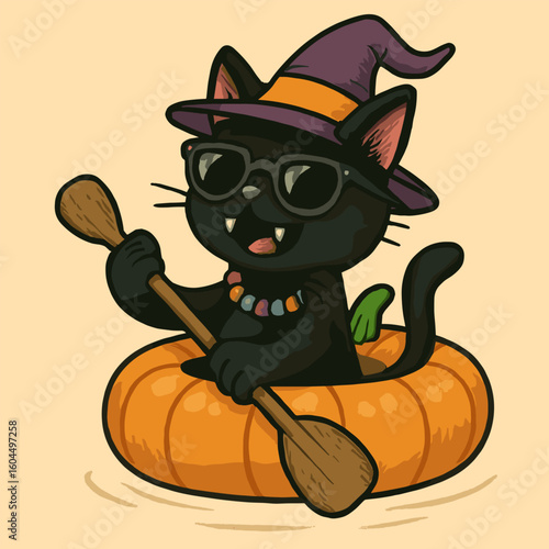 A joyful black cat lounges in a pumpkin floaty, paddling in invisible water, with a witch hat, sunglasses, and fangs.