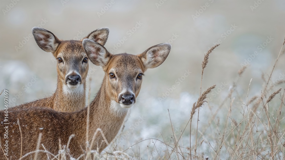 Side Profile of a Pair of White-tailed Deer in a Winter Landscape Staring at the Camera Side Profile of a Pair of White-tailed Deer in a Winter Landscape Staring at the Camera